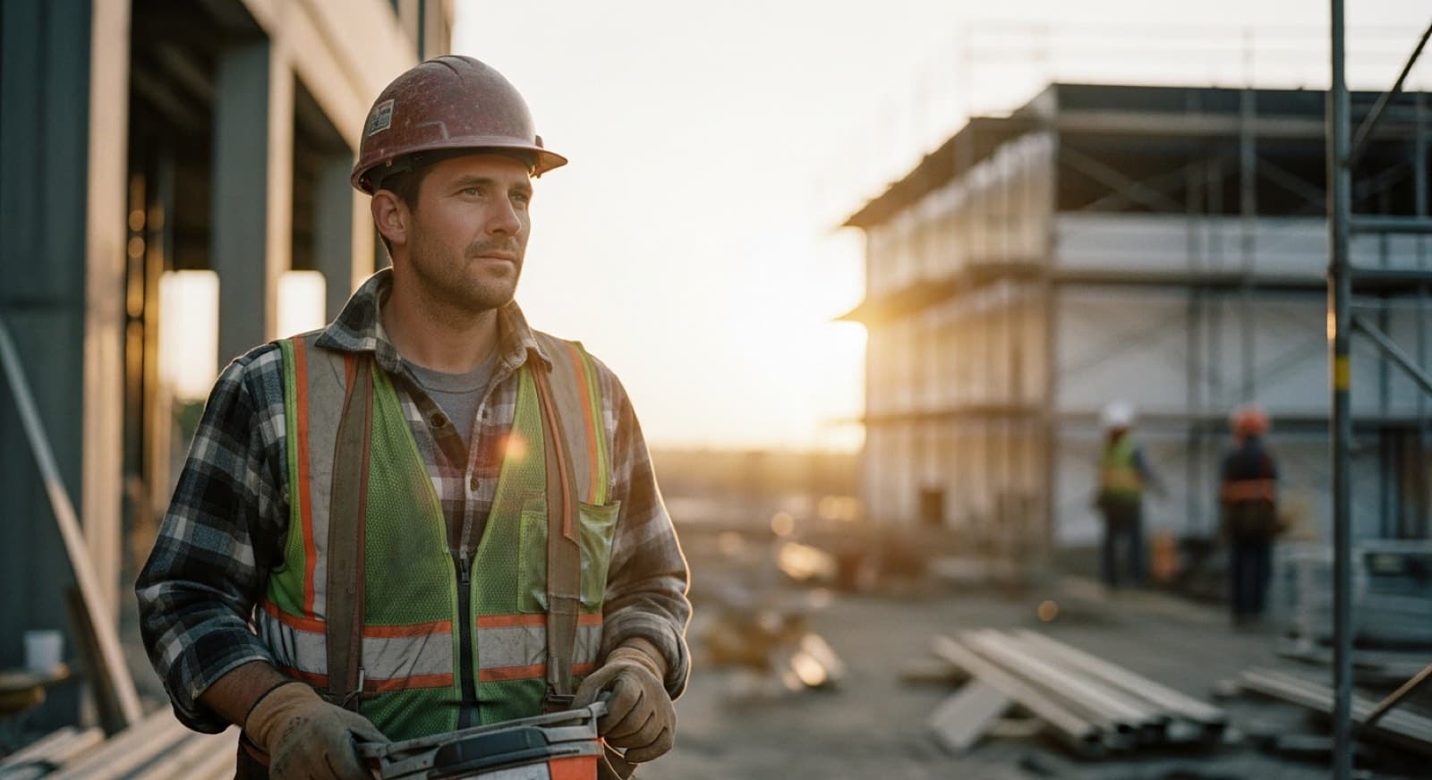 A general contractor in a hi-vis vest and hard hat on an active construction site at golden hour, with scaffolding and a framed building behind him